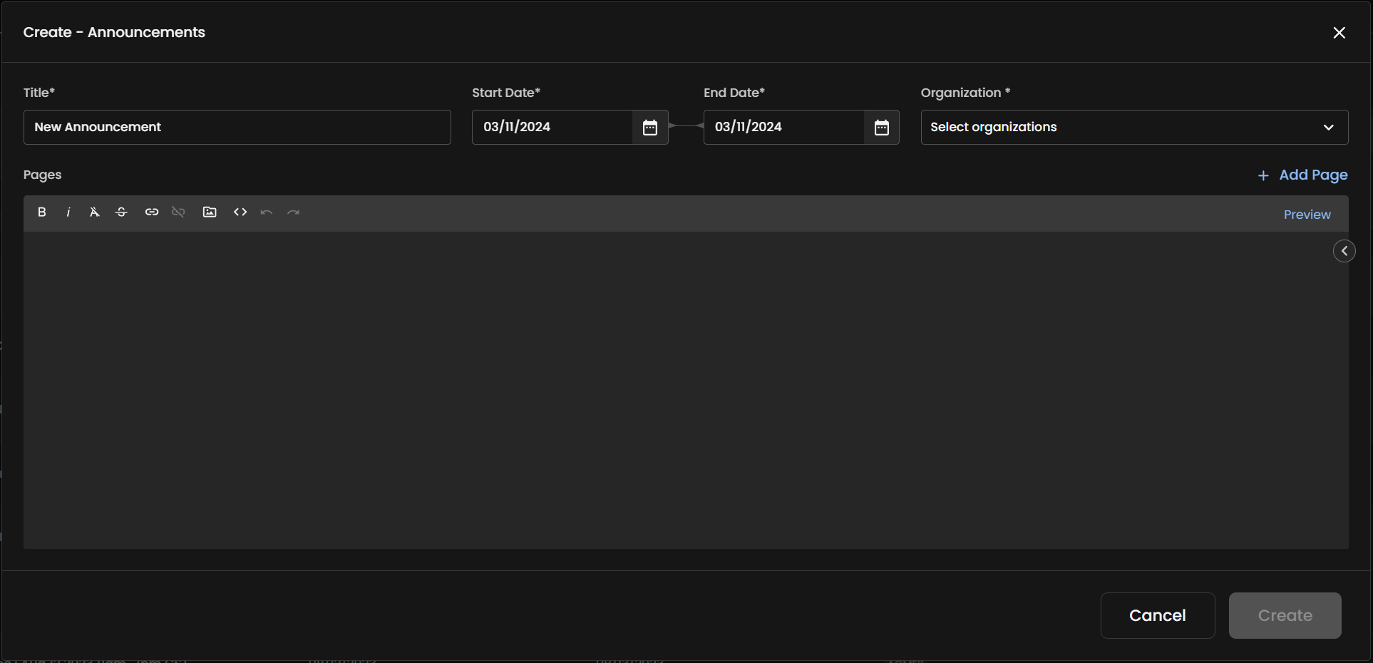 Announcements - Create Announcement