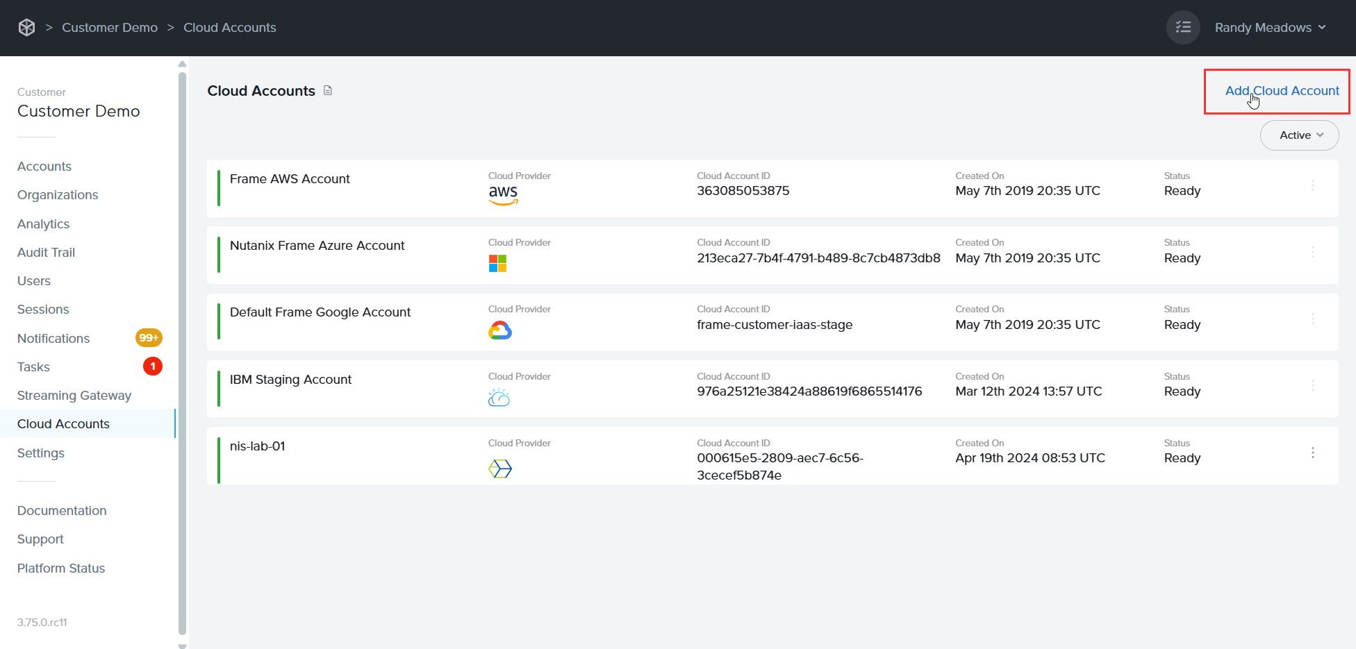Frame - Add Cloud Account