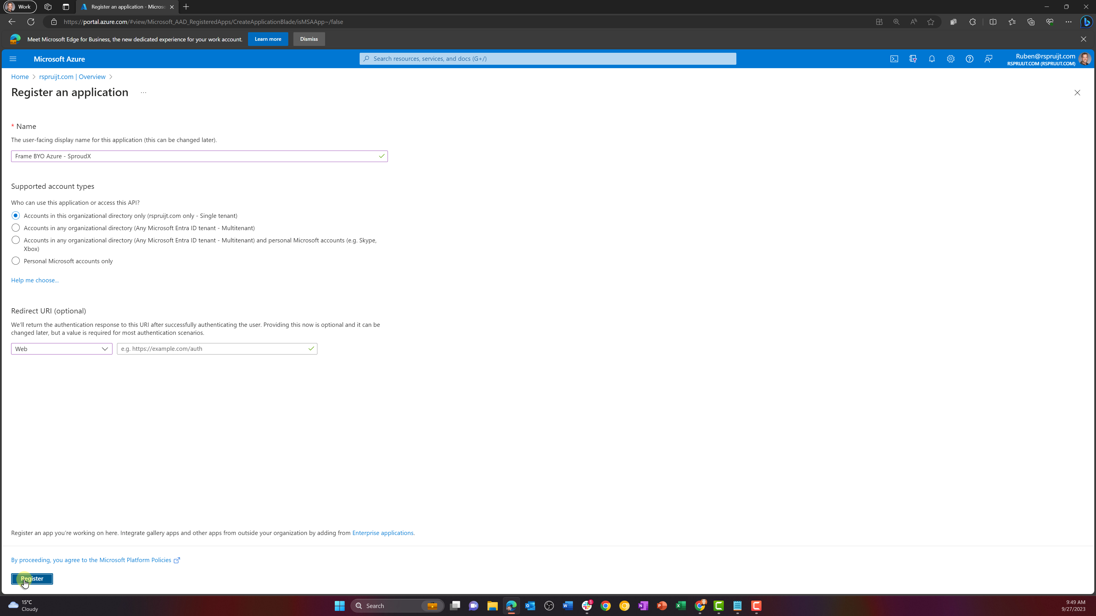 Azure Portal - Register an Application