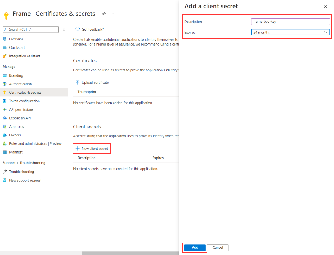 Azure Portal - Certificates & secrets