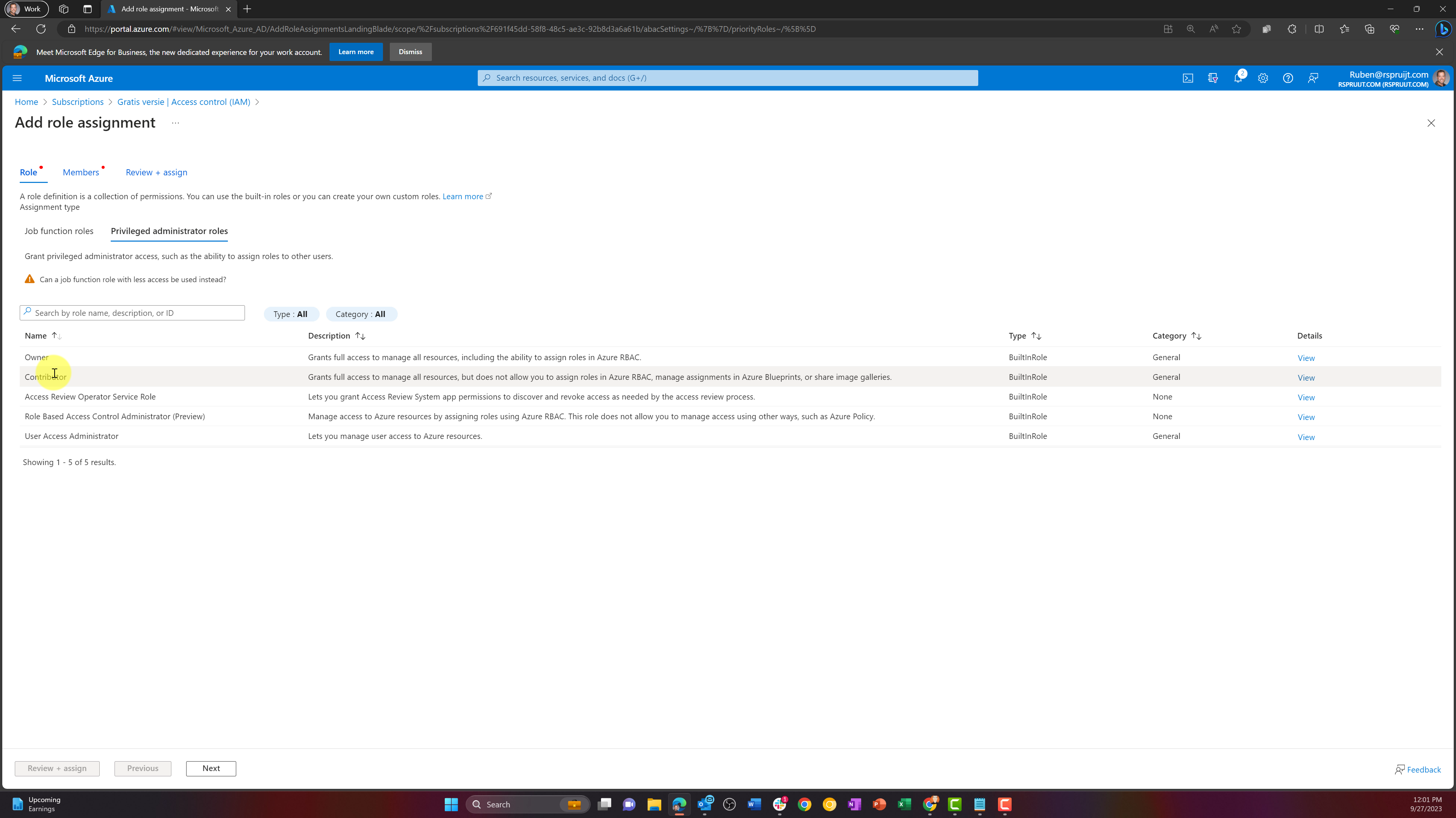Azure Portal - Specify Role