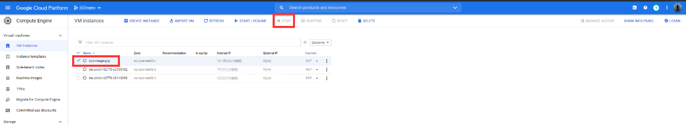 GCP Console - Stopped VM