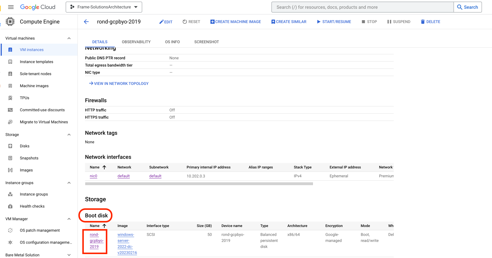 GCP Console - VM Properties