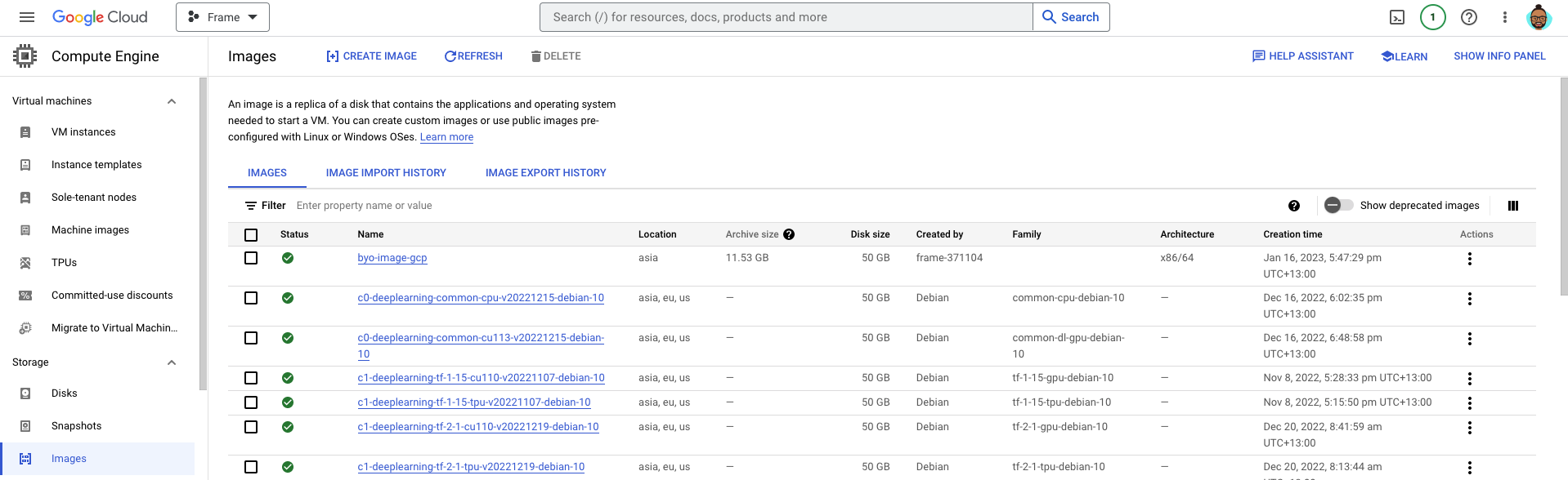 GCP Console - Storage > Images