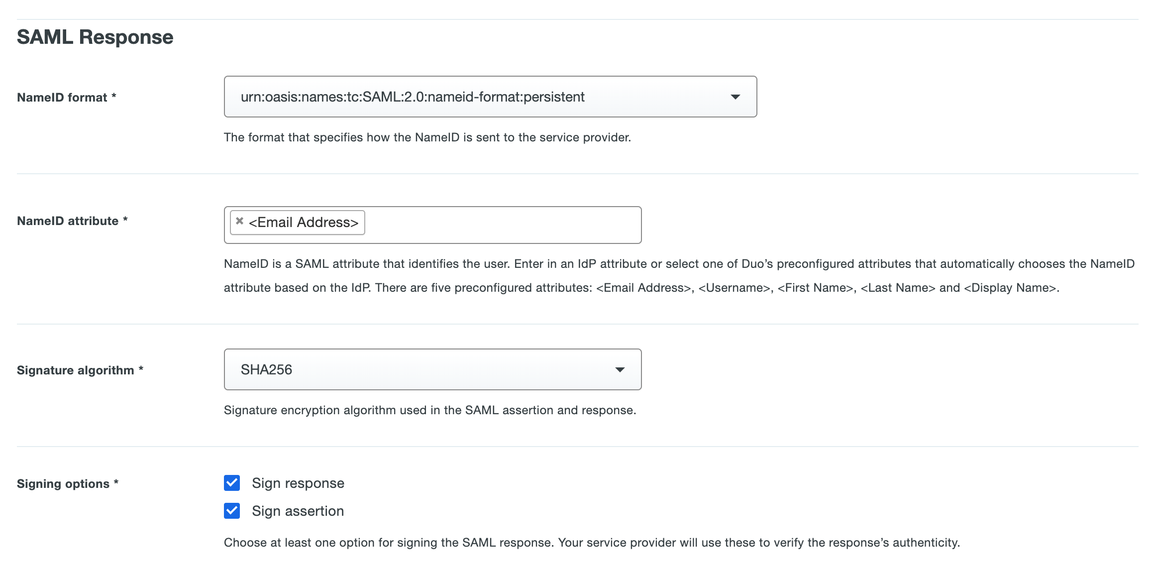 SAML Response Settings