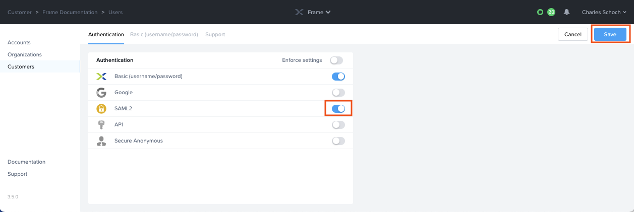 Enable SAML2 and Save