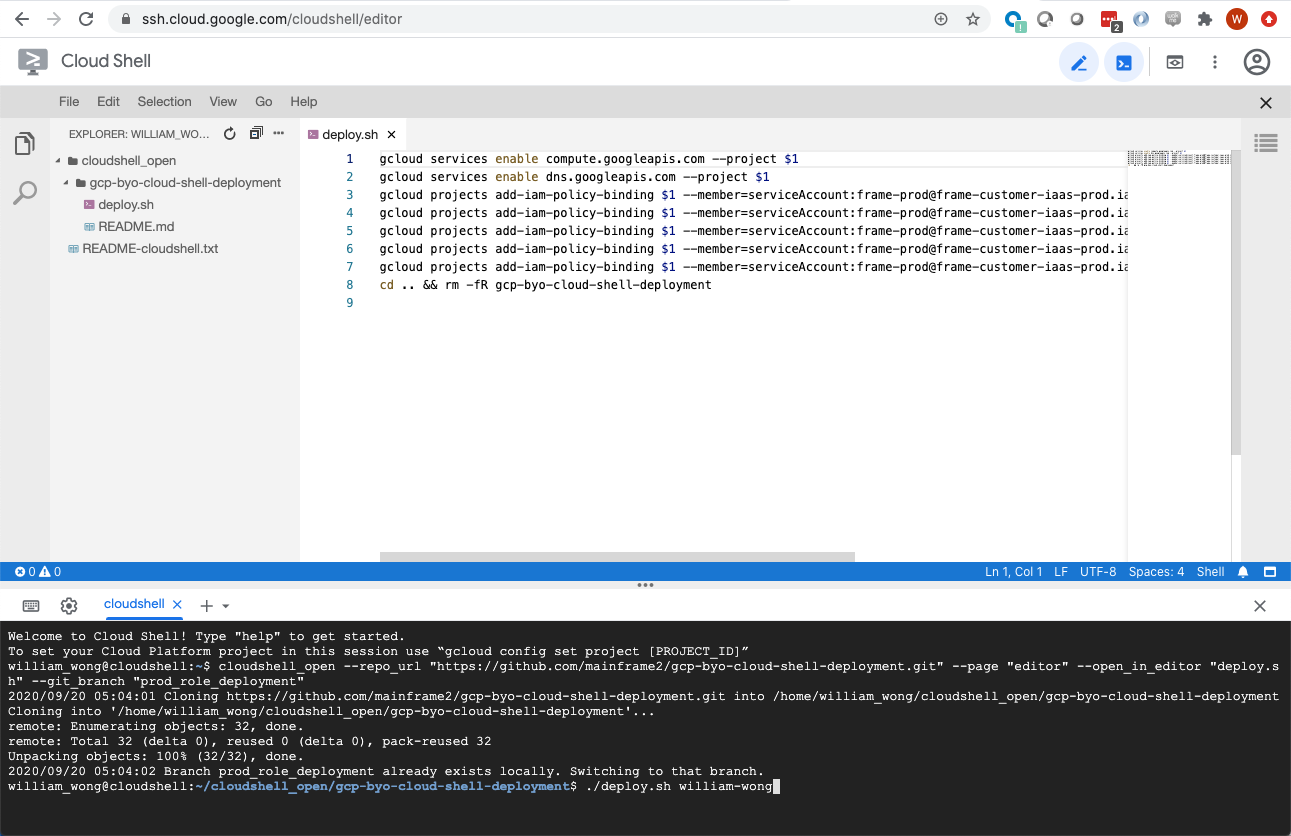 GCP Console - Execute deploy.sh