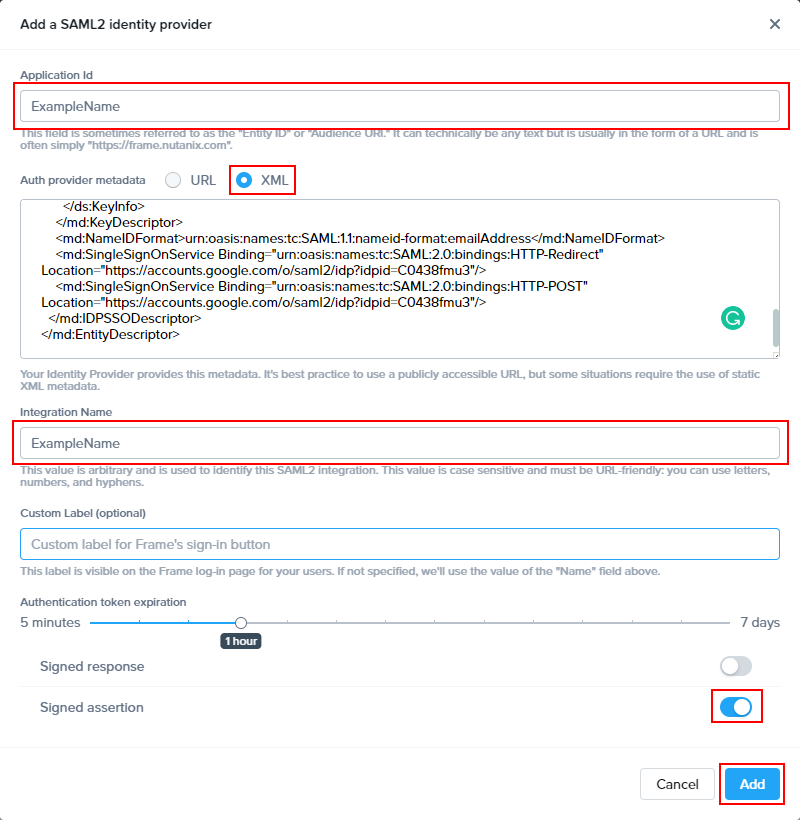 SAML2 Identity Provider dialog example values