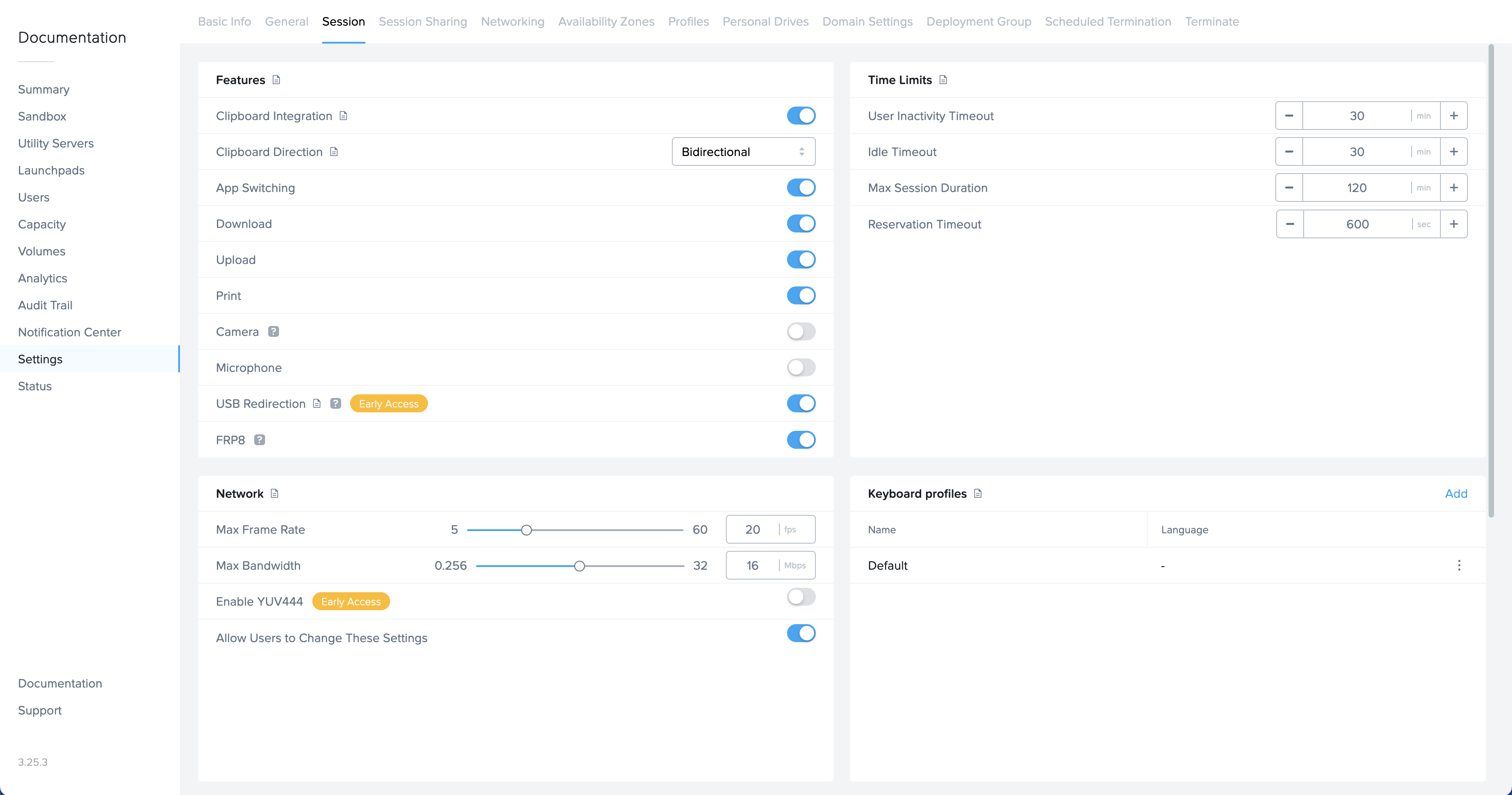 Session Settings - USB Redirection