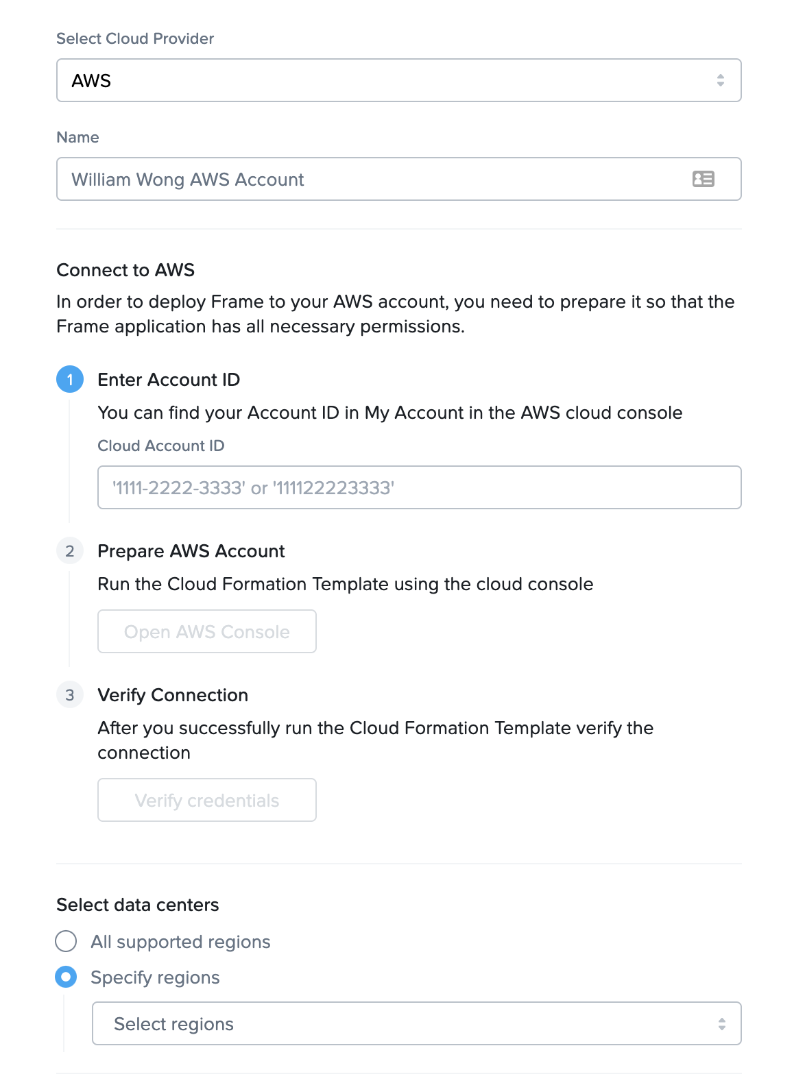 Frame Console - Add Cloud Account