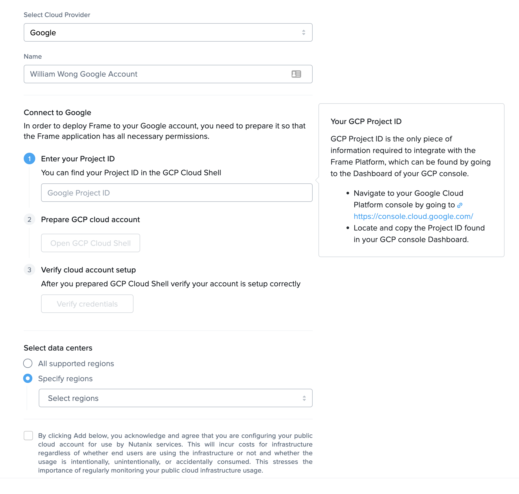 Frame Console - Add Cloud Account
