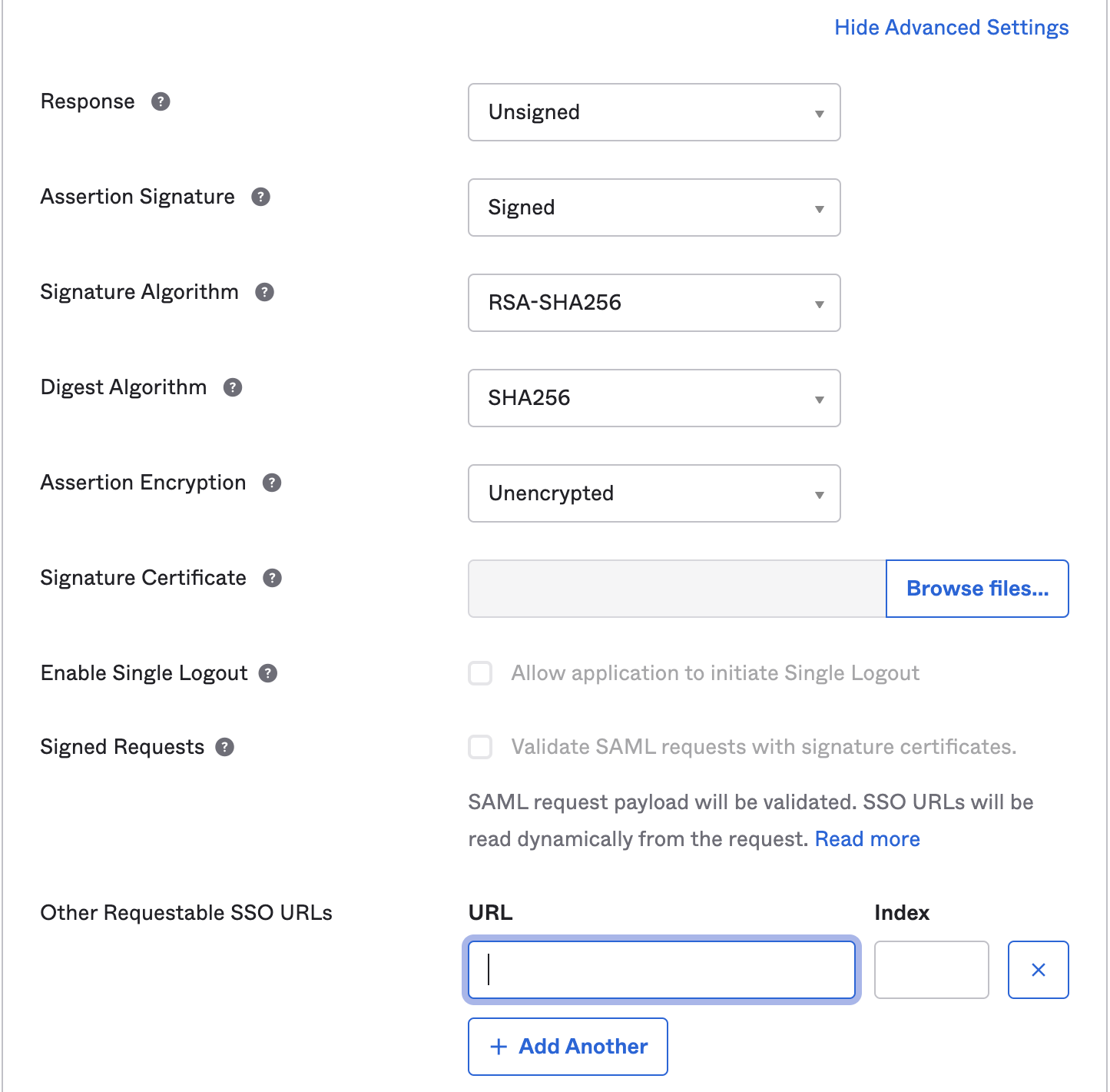 SAML Advanced Settings