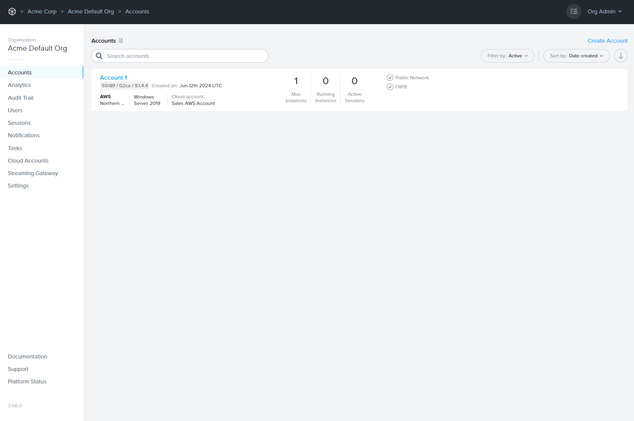 Organization Dashboard of Frame Admin Console