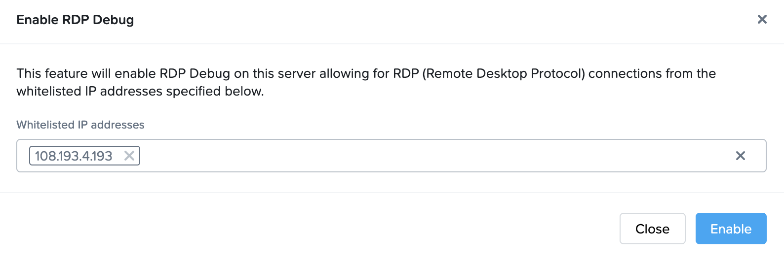 Enable RDP Debug - Allowed IP Addresses