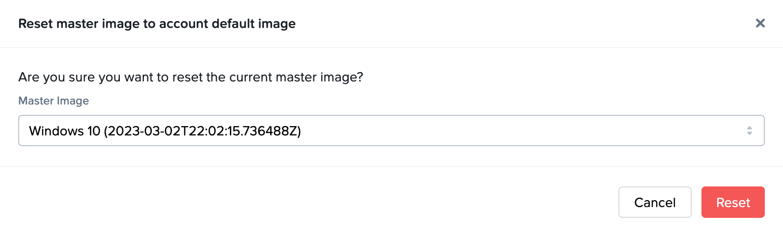 Sandbox - Reset Master Image Confirmation
