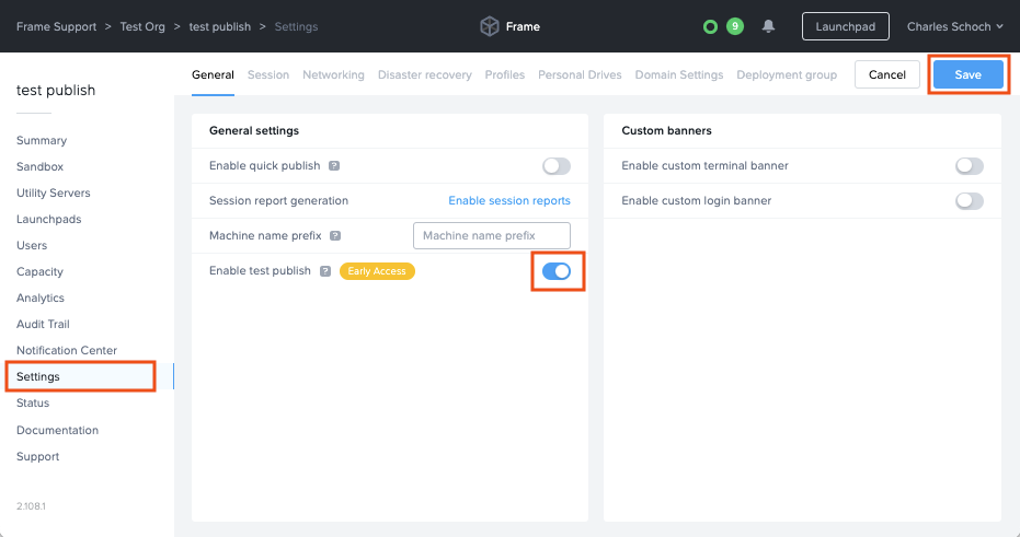Enable test publish and save