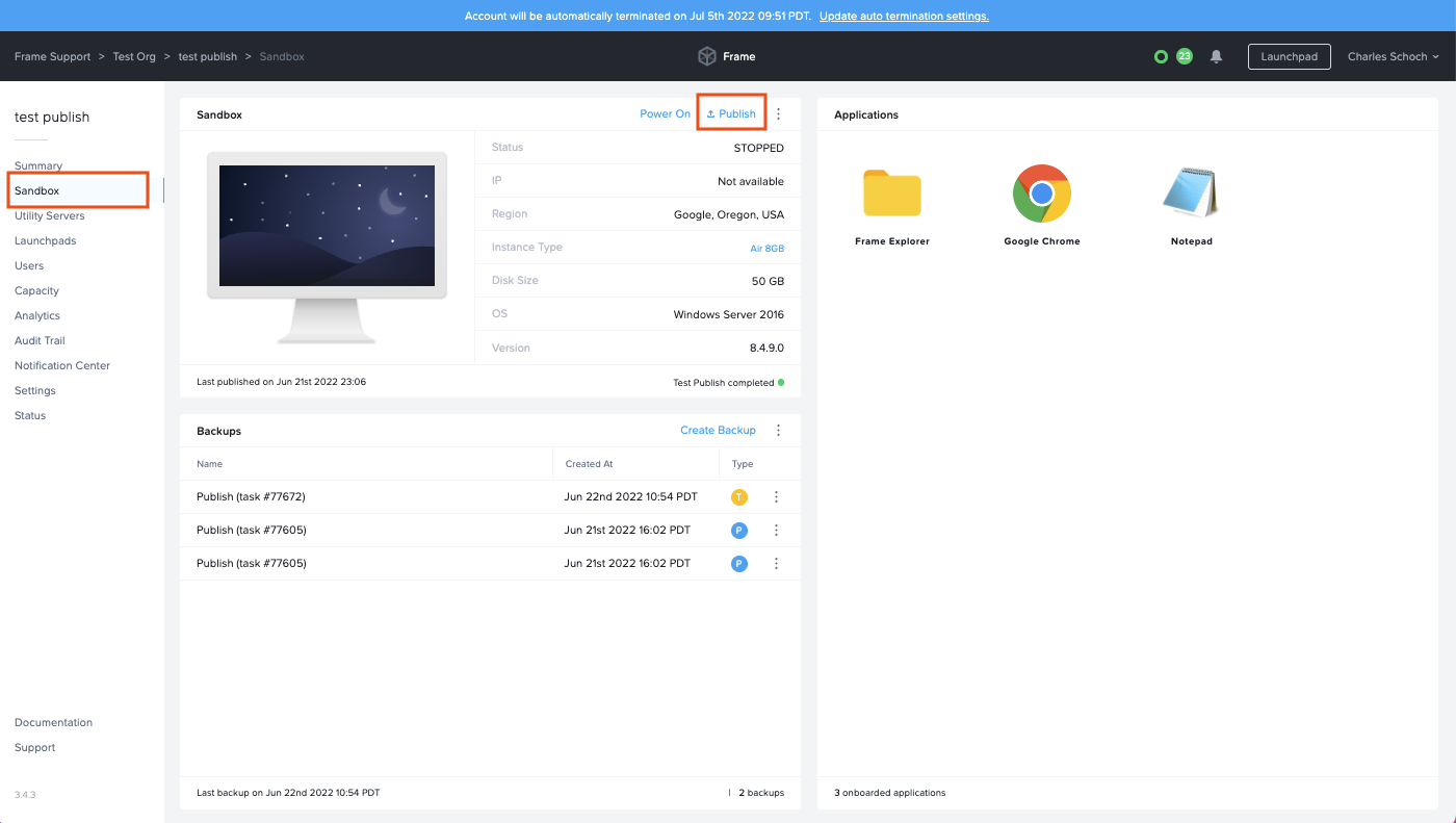 Publish button on the Sandbox page