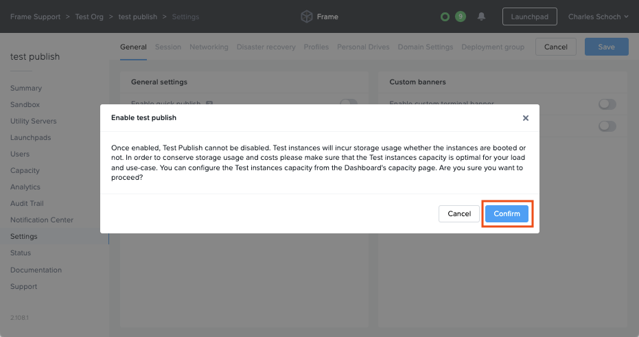 Confirm enabling Test Publishing