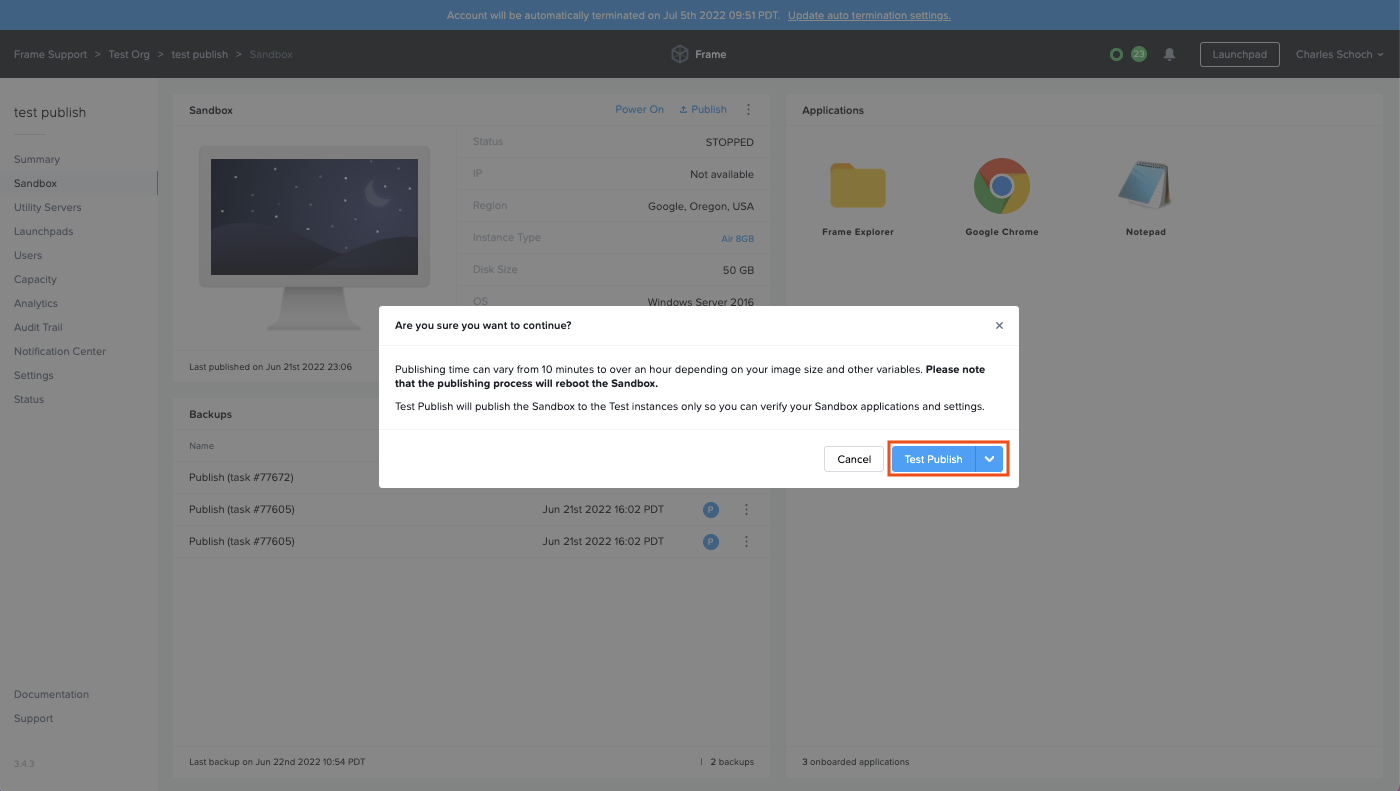 Select Test Publish from the dropdown