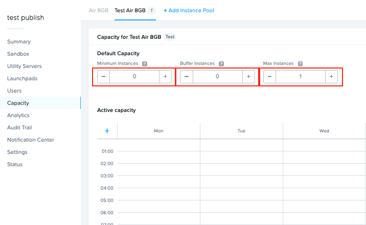 Set Test Instance capacity values