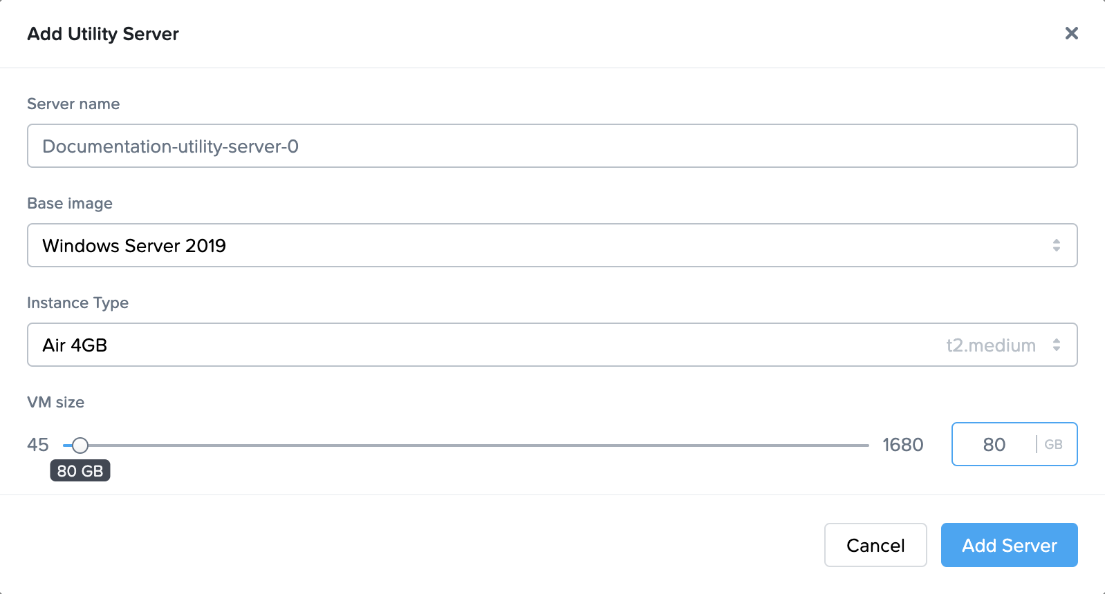 Add utility server dialog